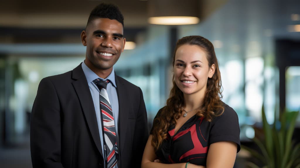 Two professionals standing side by side in a modern office, smiling